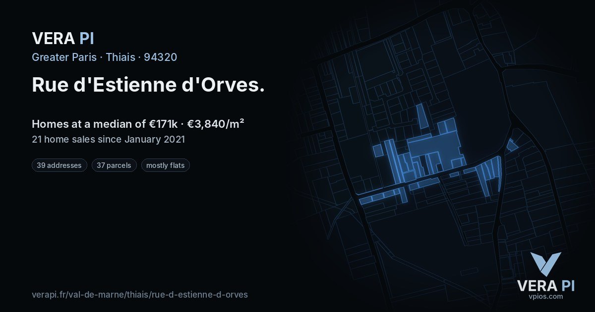 Rue d'Estienne d'Orves, Thiais at night – every parcel coloured by the prices around it, the street's own parcels lit