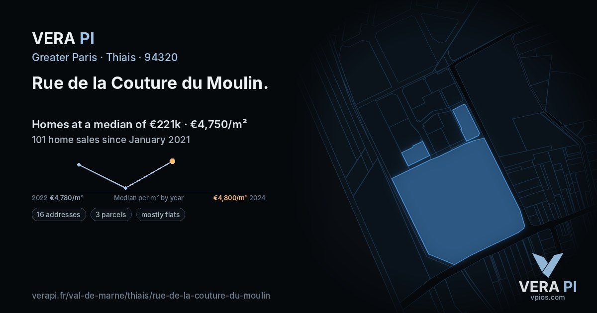 Rue de la Couture du Moulin, Thiais at night – every parcel coloured by the prices around it, the street's own parcels lit