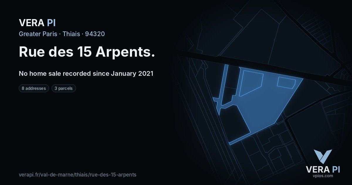 Rue des 15 Arpents, Thiais at night – every parcel coloured by the prices around it, the street's own parcels lit
