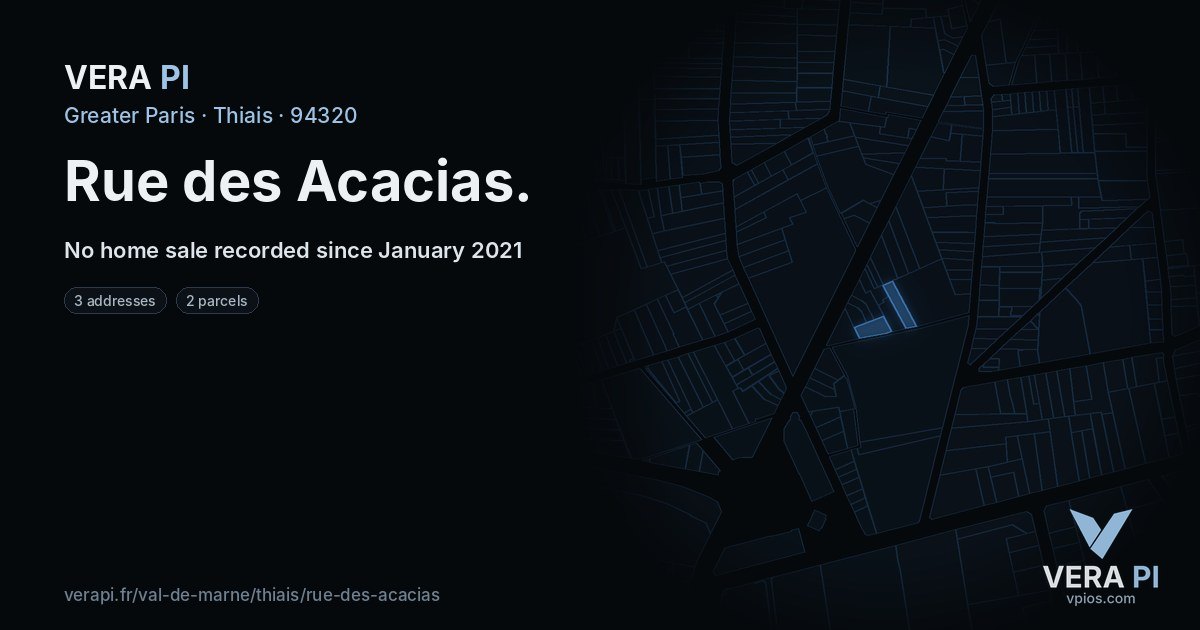 Rue des Acacias, Thiais at night – every parcel coloured by the prices around it, the street's own parcels lit