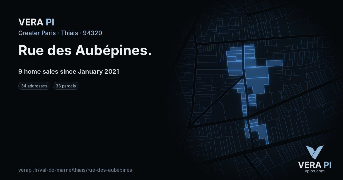 Rue des Aubépines, Thiais at night – every parcel coloured by the prices around it, the street's own parcels lit