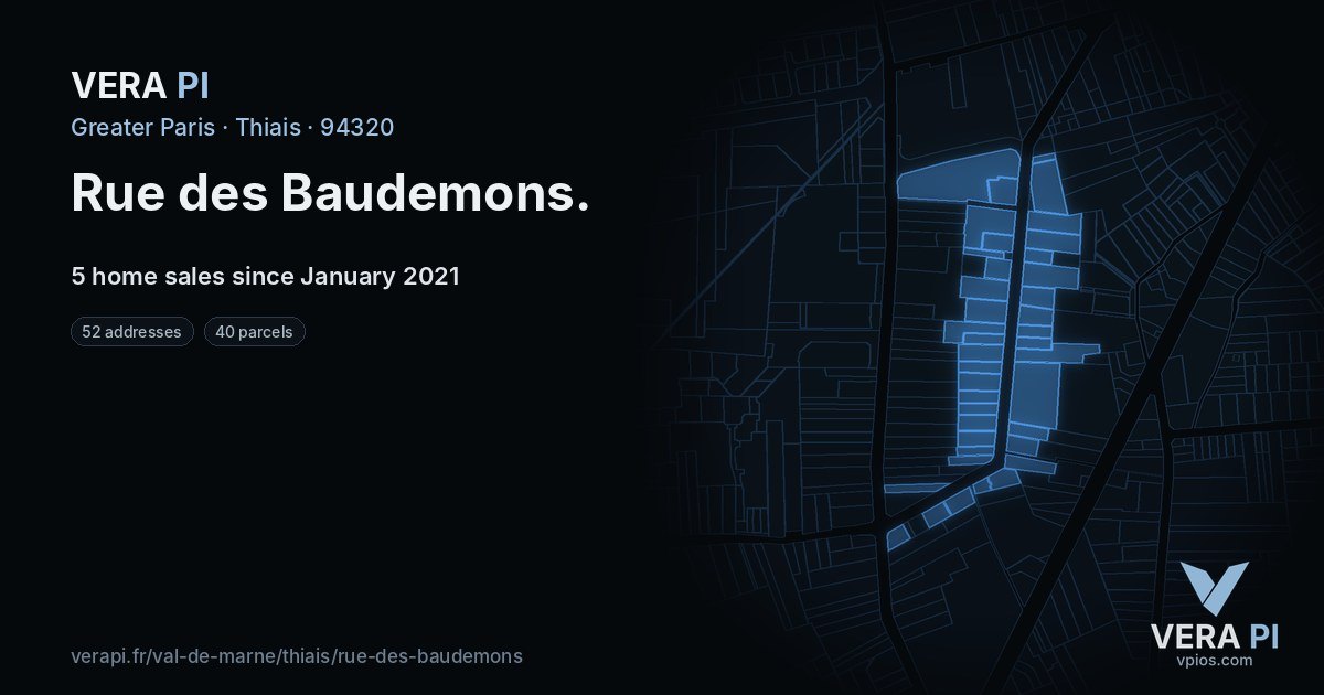 Rue des Baudemons, Thiais at night – every parcel coloured by the prices around it, the street's own parcels lit