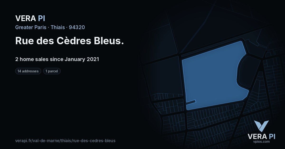 Rue des Cèdres Bleus, Thiais at night – every parcel coloured by the prices around it, the street's own parcels lit