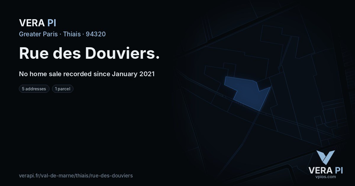 Rue des Douviers, Thiais at night – every parcel coloured by the prices around it, the street's own parcels lit