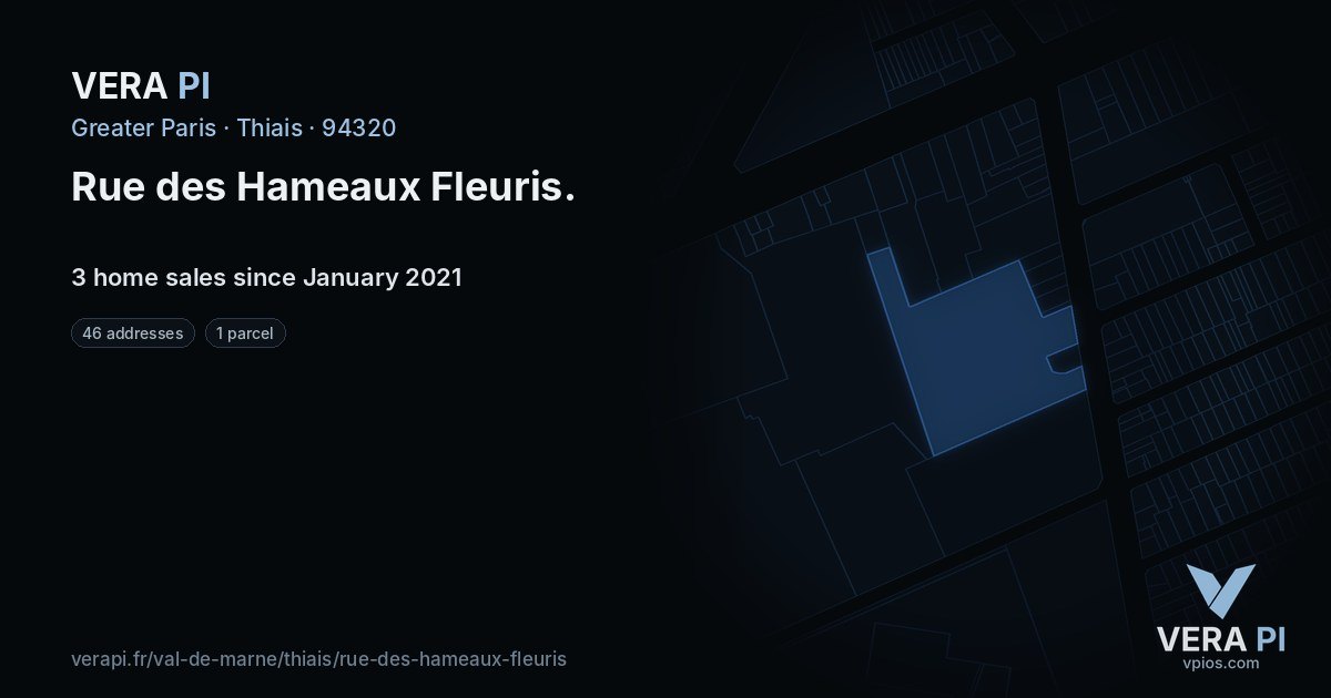 Rue des Hameaux Fleuris, Thiais at night – every parcel coloured by the prices around it, the street's own parcels lit