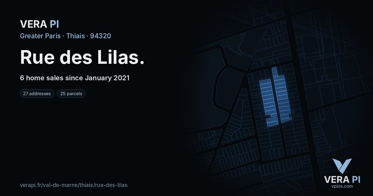 Rue des Lilas, Thiais at night – every parcel coloured by the prices around it, the street's own parcels lit