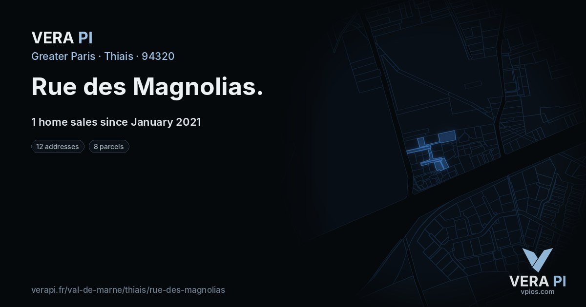 Rue des Magnolias, Thiais at night – every parcel coloured by the prices around it, the street's own parcels lit