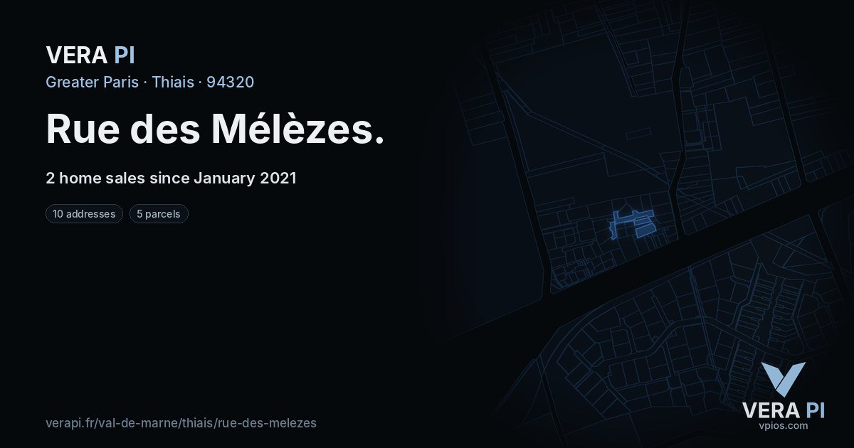Rue des Mélèzes, Thiais at night – every parcel coloured by the prices around it, the street's own parcels lit
