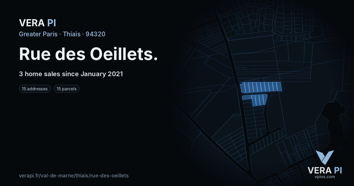 Rue des Oeillets, Thiais at night – every parcel coloured by the prices around it, the street's own parcels lit