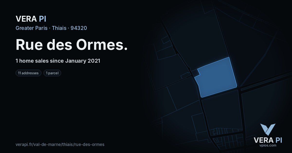 Rue des Ormes, Thiais at night – every parcel coloured by the prices around it, the street's own parcels lit
