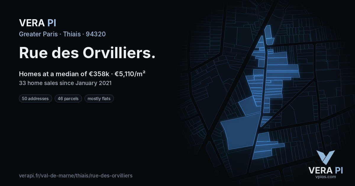 Rue des Orvilliers, Thiais at night – every parcel coloured by the prices around it, the street's own parcels lit