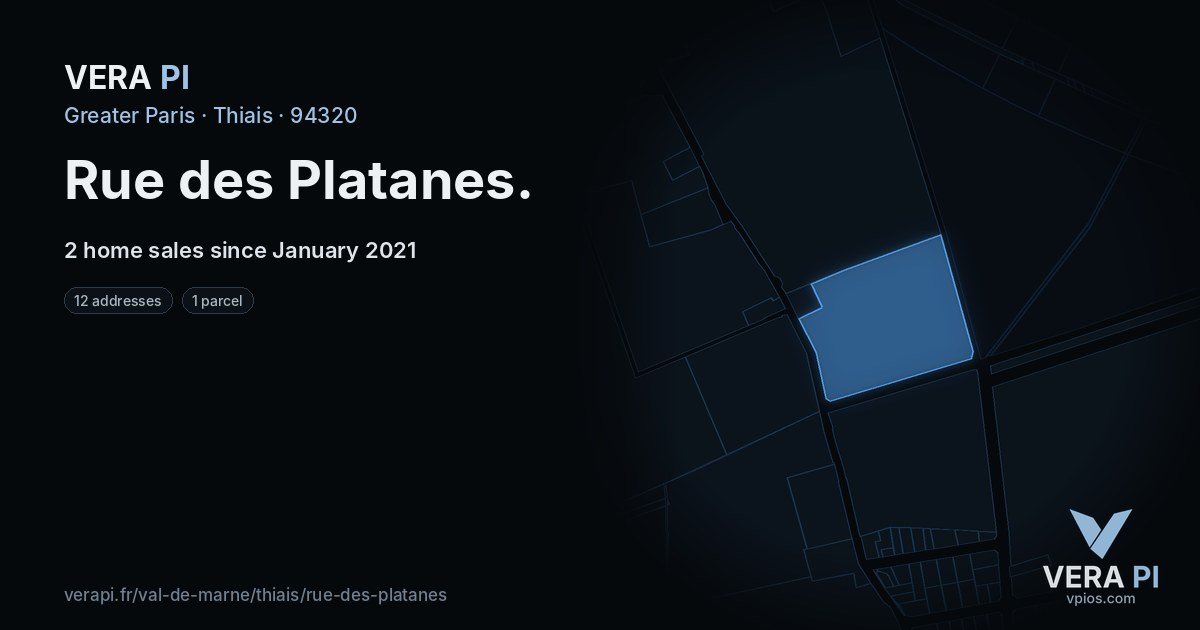 Rue des Platanes, Thiais at night – every parcel coloured by the prices around it, the street's own parcels lit