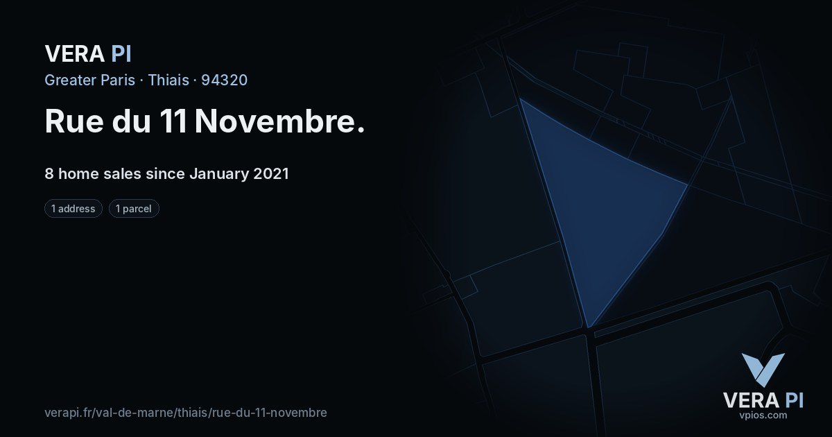 Rue du 11 Novembre, Thiais at night – every parcel coloured by the prices around it, the street's own parcels lit