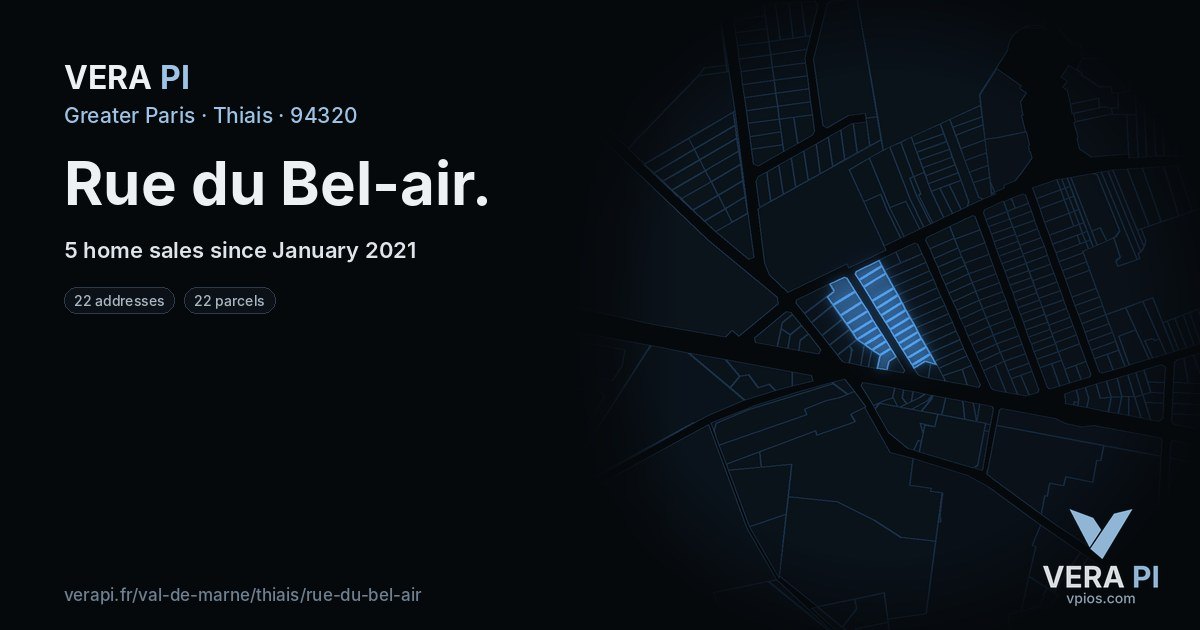 Rue du Bel-air, Thiais at night – every parcel coloured by the prices around it, the street's own parcels lit