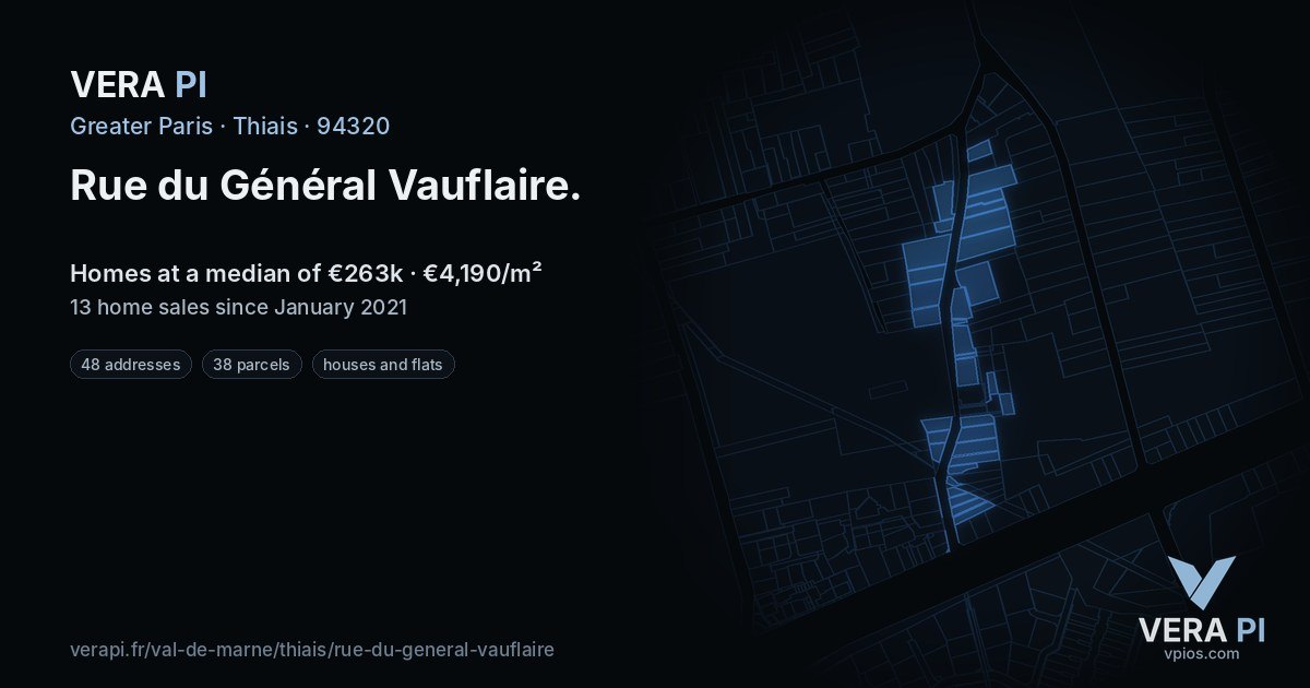 Rue du Général Vauflaire, Thiais at night – every parcel coloured by the prices around it, the street's own parcels lit