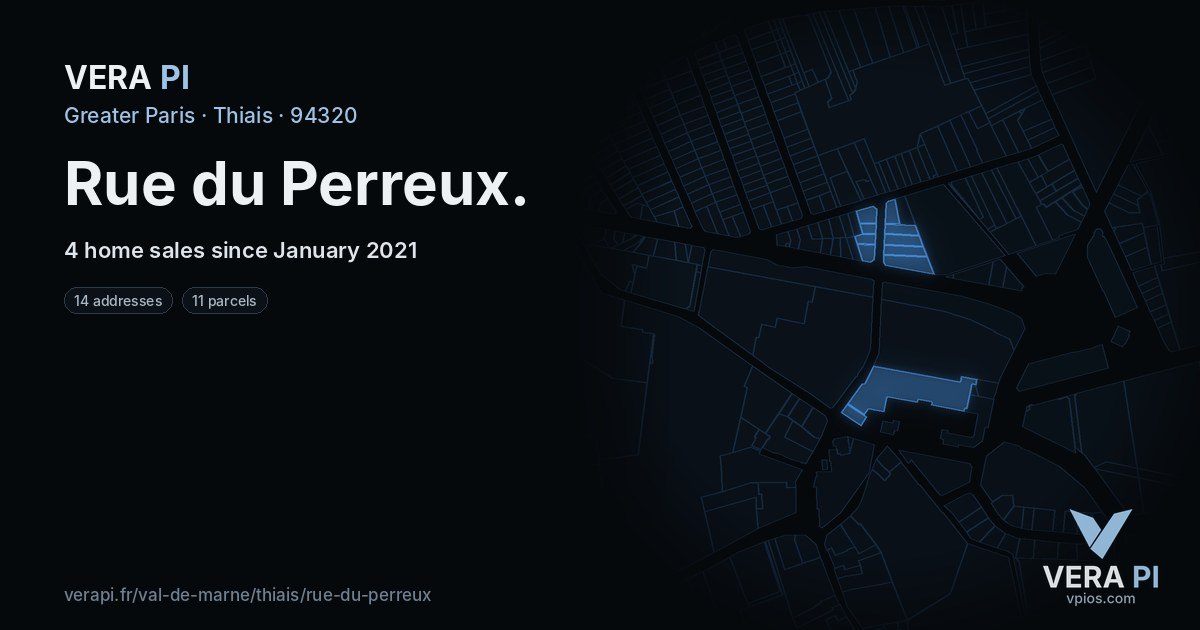 Rue du Perreux, Thiais at night – every parcel coloured by the prices around it, the street's own parcels lit