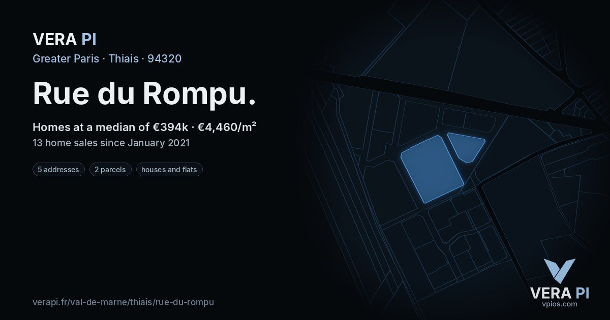 Rue du Rompu, Thiais at night – every parcel coloured by the prices around it, the street's own parcels lit