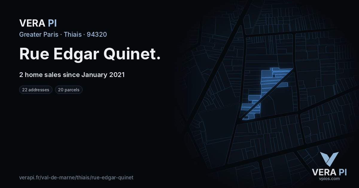 Rue Edgar Quinet, Thiais at night – every parcel coloured by the prices around it, the street's own parcels lit