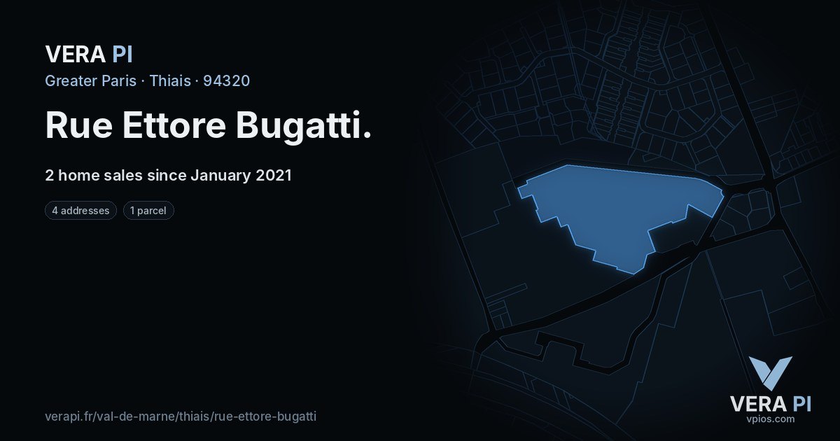 Rue Ettore Bugatti, Thiais at night – every parcel coloured by the prices around it, the street's own parcels lit