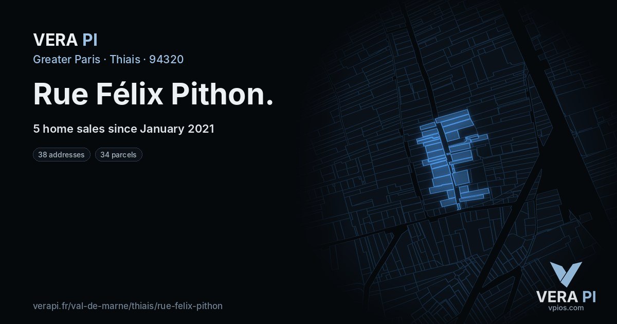 Rue Félix Pithon, Thiais at night – every parcel coloured by the prices around it, the street's own parcels lit