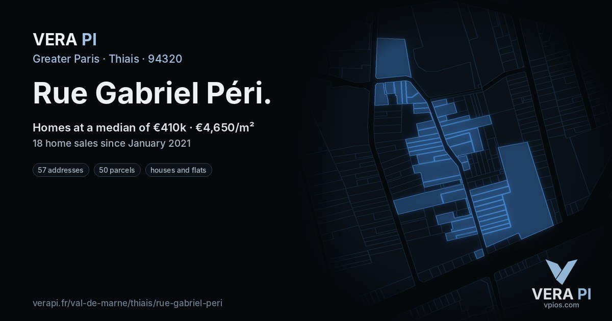 Rue Gabriel Péri, Thiais at night – every parcel coloured by the prices around it, the street's own parcels lit