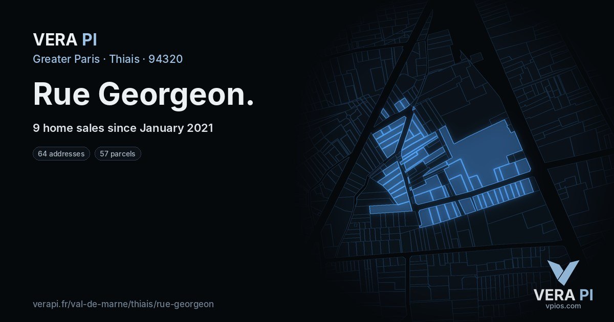 Rue Georgeon, Thiais at night – every parcel coloured by the prices around it, the street's own parcels lit