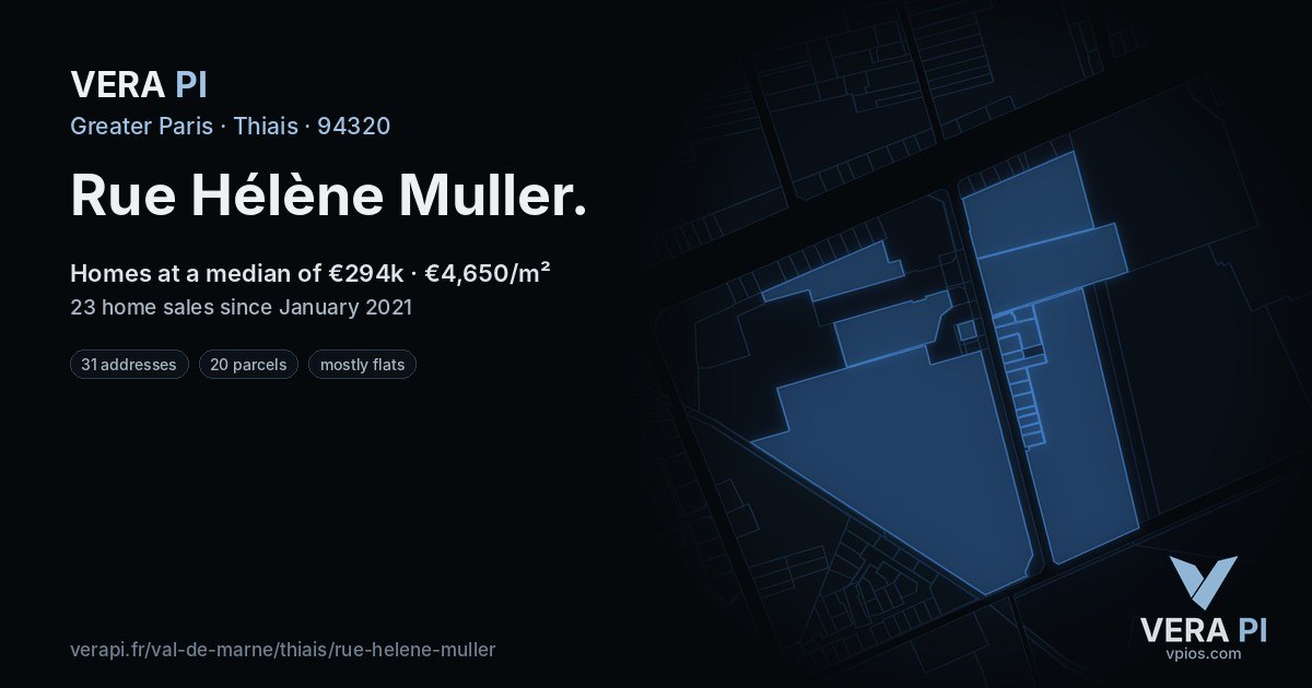 Rue Hélène Muller, Thiais at night – every parcel coloured by the prices around it, the street's own parcels lit
