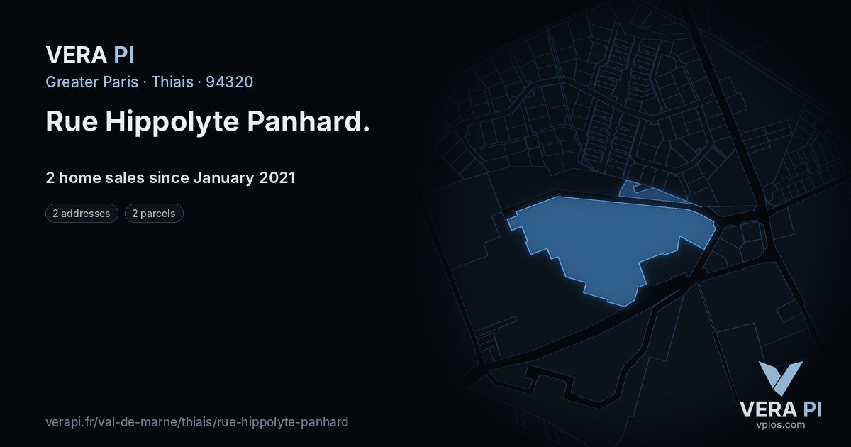 Rue Hippolyte Panhard, Thiais at night – every parcel coloured by the prices around it, the street's own parcels lit