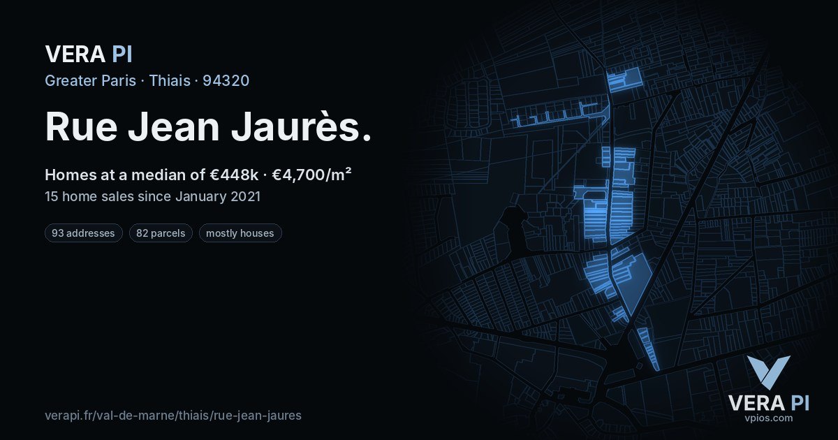 Rue Jean Jaurès, Thiais at night – every parcel coloured by the prices around it, the street's own parcels lit