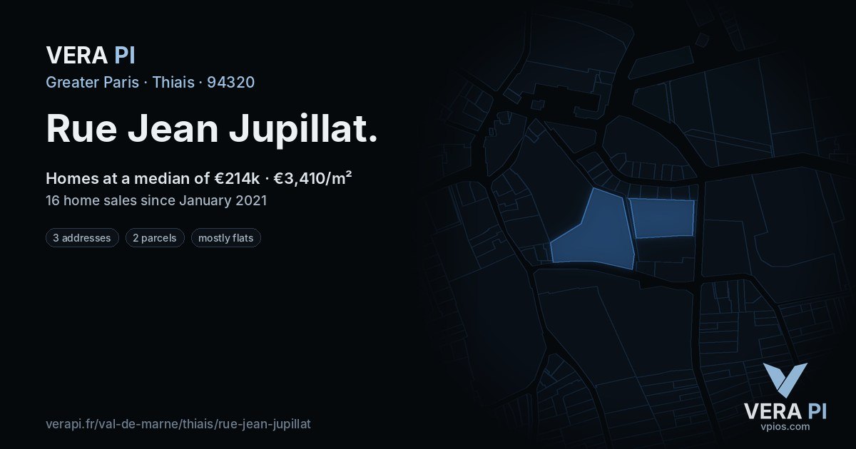 Rue Jean Jupillat, Thiais at night – every parcel coloured by the prices around it, the street's own parcels lit