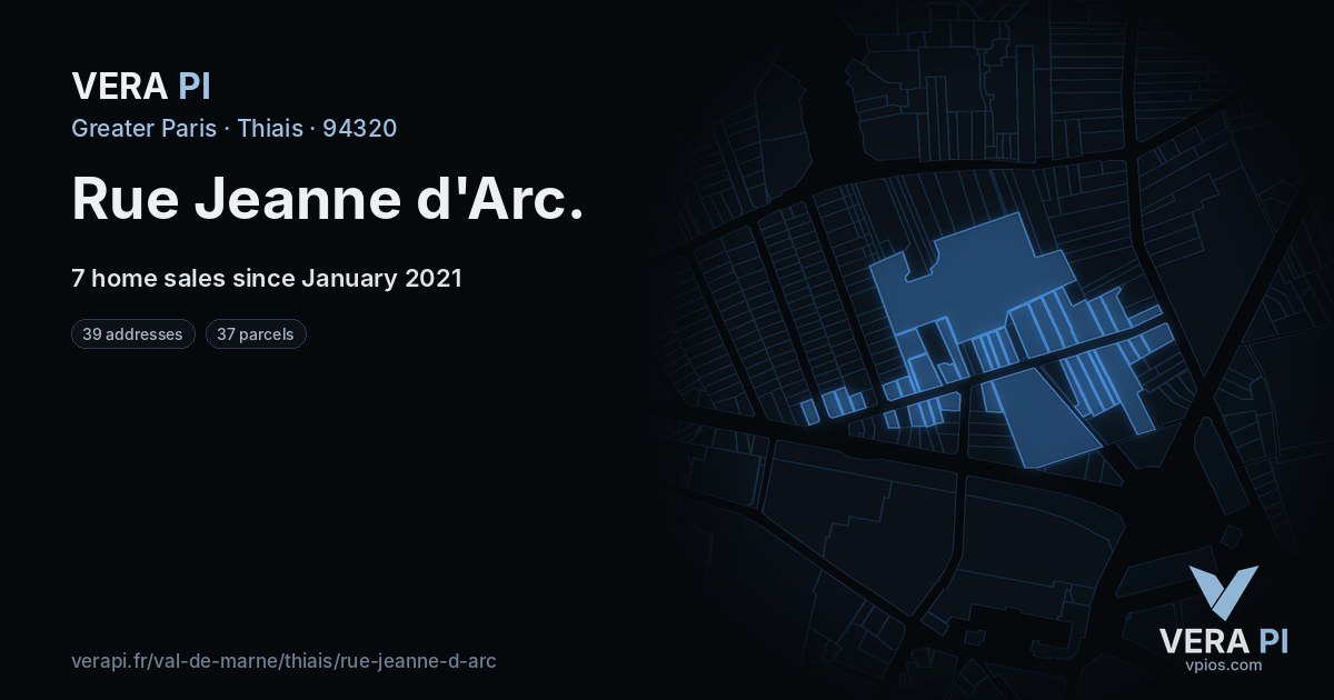 Rue Jeanne d'Arc, Thiais at night – every parcel coloured by the prices around it, the street's own parcels lit