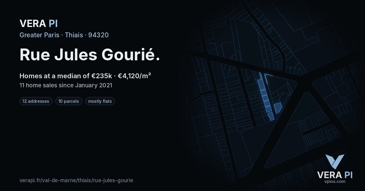 Rue Jules Gourié, Thiais at night – every parcel coloured by the prices around it, the street's own parcels lit