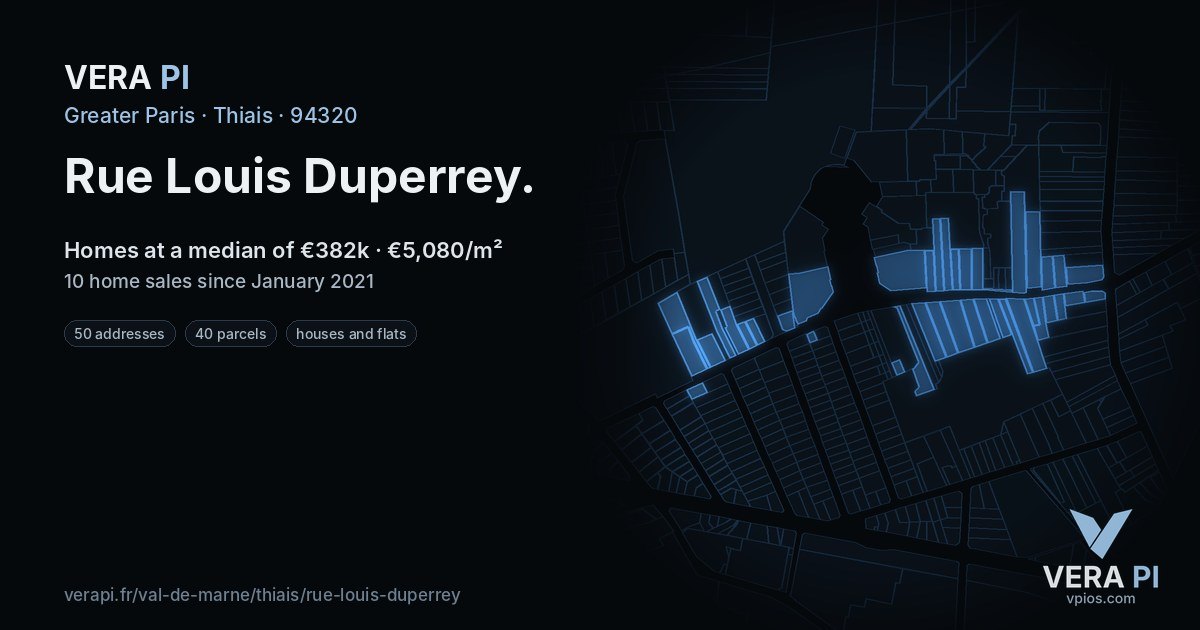 Rue Louis Duperrey, Thiais at night – every parcel coloured by the prices around it, the street's own parcels lit