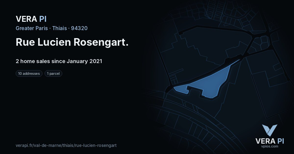 Rue Lucien Rosengart, Thiais at night – every parcel coloured by the prices around it, the street's own parcels lit
