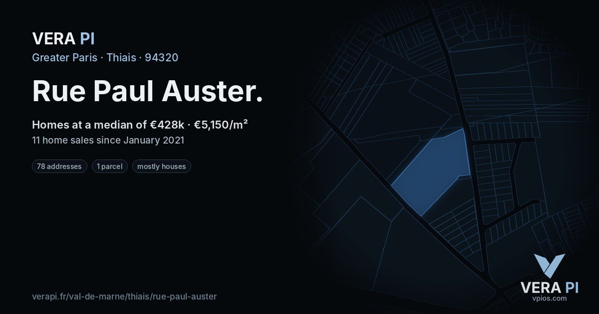 Rue Paul Auster, Thiais at night – every parcel coloured by the prices around it, the street's own parcels lit