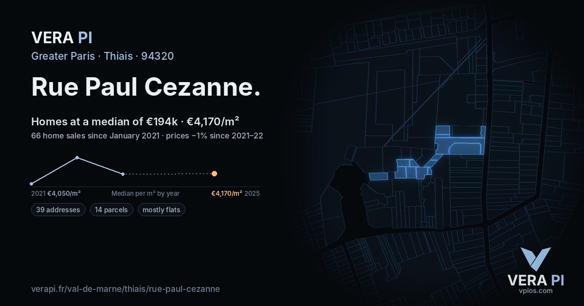 Rue Paul Cezanne, Thiais at night – every parcel coloured by the prices around it, the street's own parcels lit
