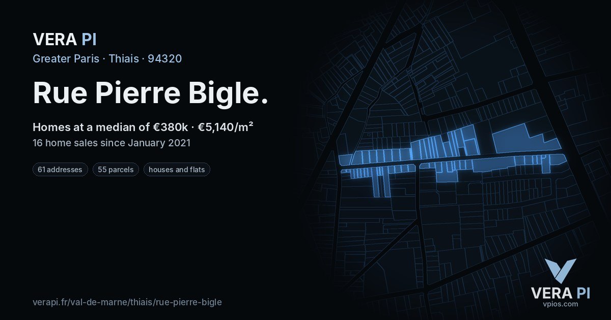 Rue Pierre Bigle, Thiais at night – every parcel coloured by the prices around it, the street's own parcels lit
