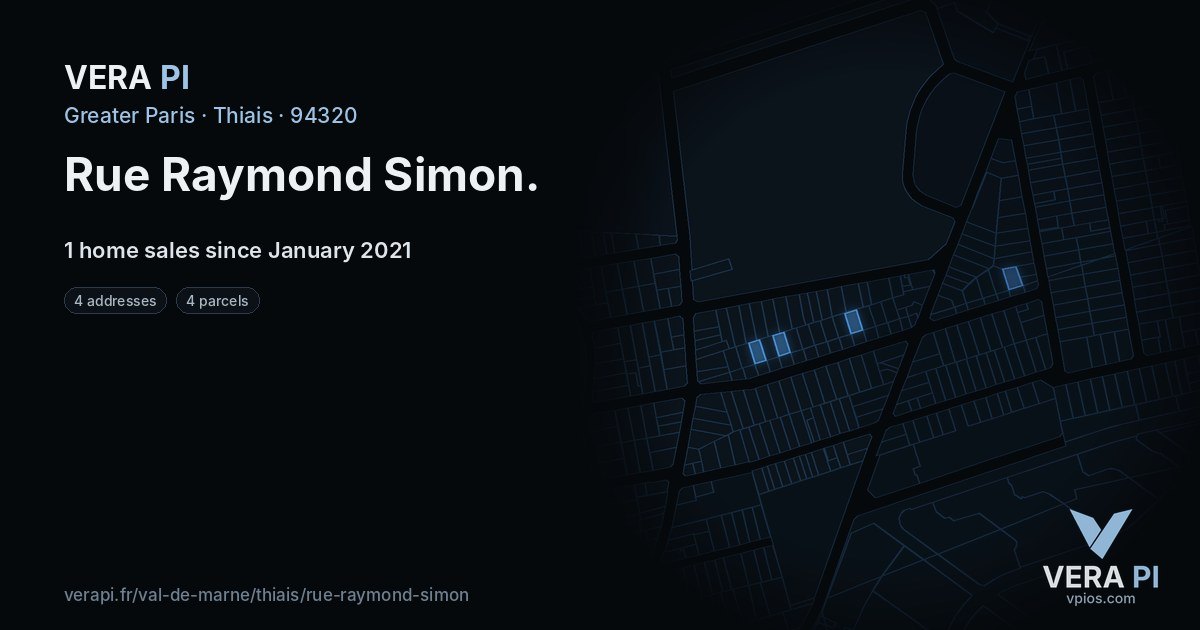 Rue Raymond Simon, Thiais at night – every parcel coloured by the prices around it, the street's own parcels lit