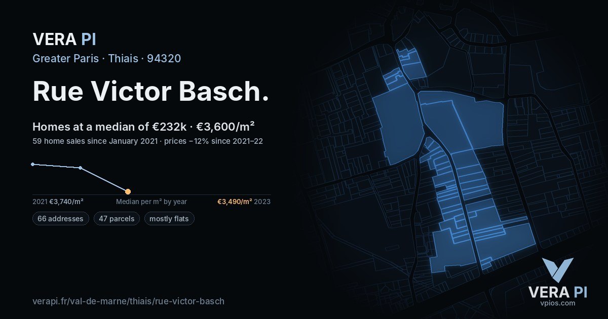Rue Victor Basch, Thiais at night – every parcel coloured by the prices around it, the street's own parcels lit