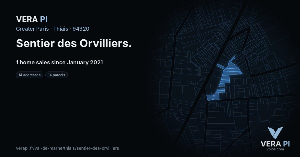 Sentier des Orvilliers, Thiais at night – every parcel coloured by the prices around it, the street's own parcels lit