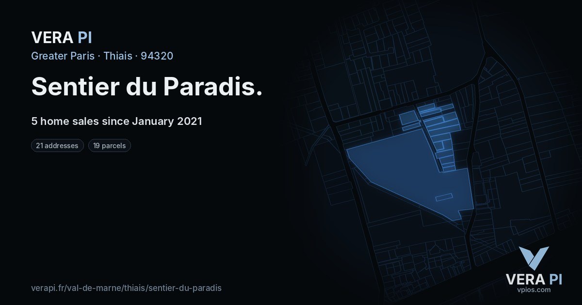 Sentier du Paradis, Thiais at night – every parcel coloured by the prices around it, the street's own parcels lit