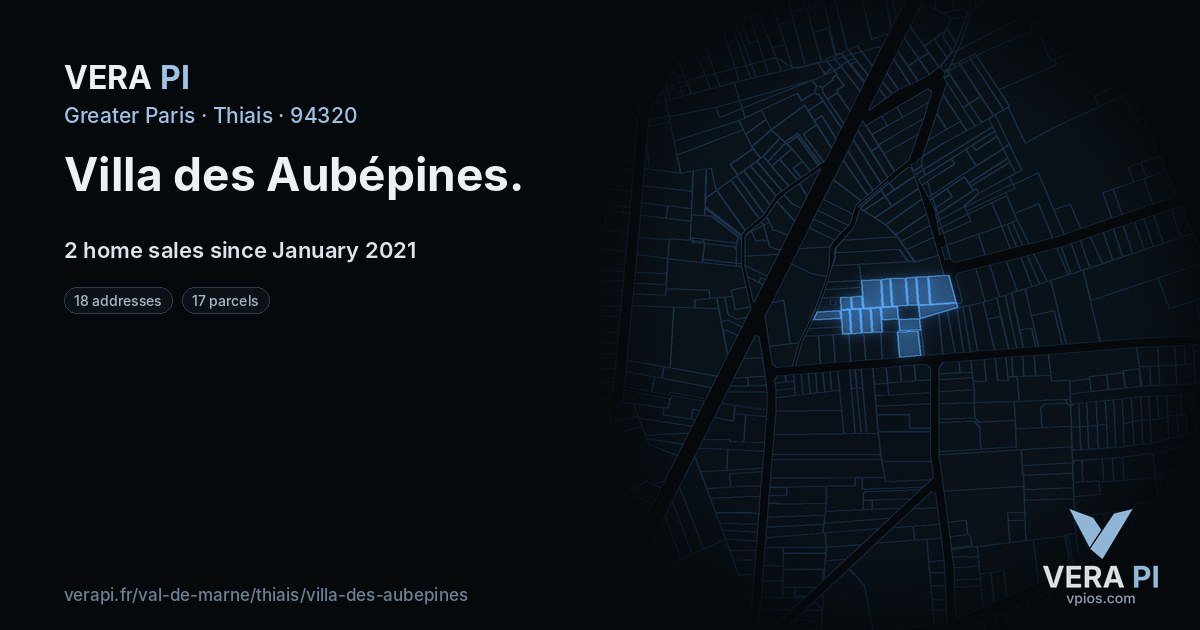 Villa des Aubépines, Thiais at night – every parcel coloured by the prices around it, the street's own parcels lit