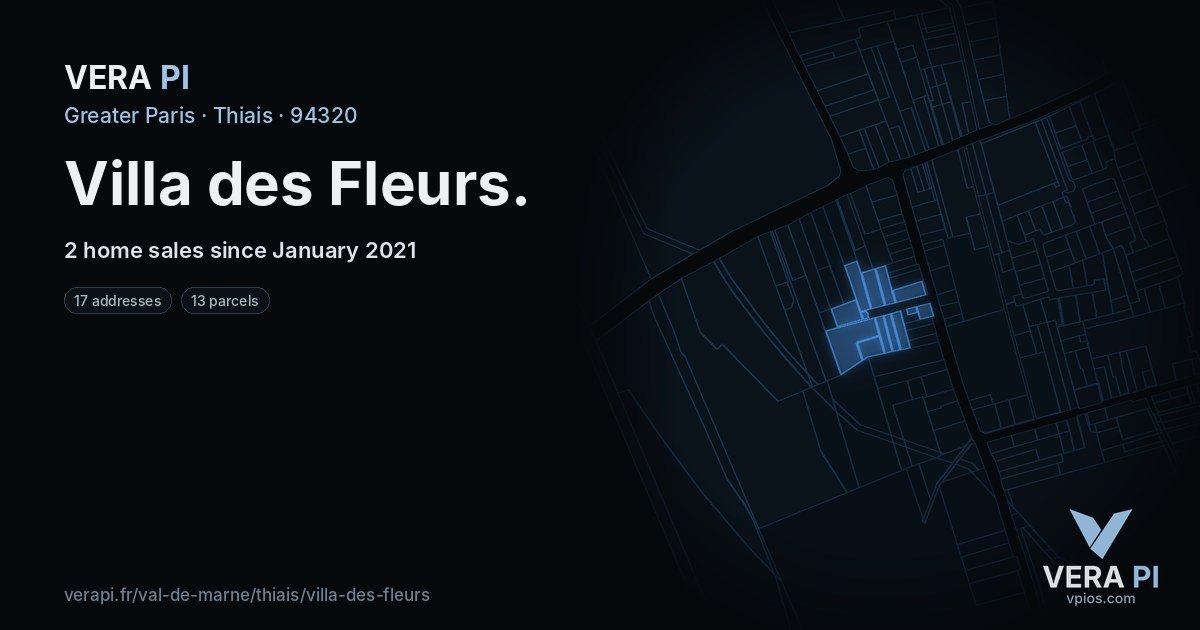Villa des Fleurs, Thiais at night – every parcel coloured by the prices around it, the street's own parcels lit