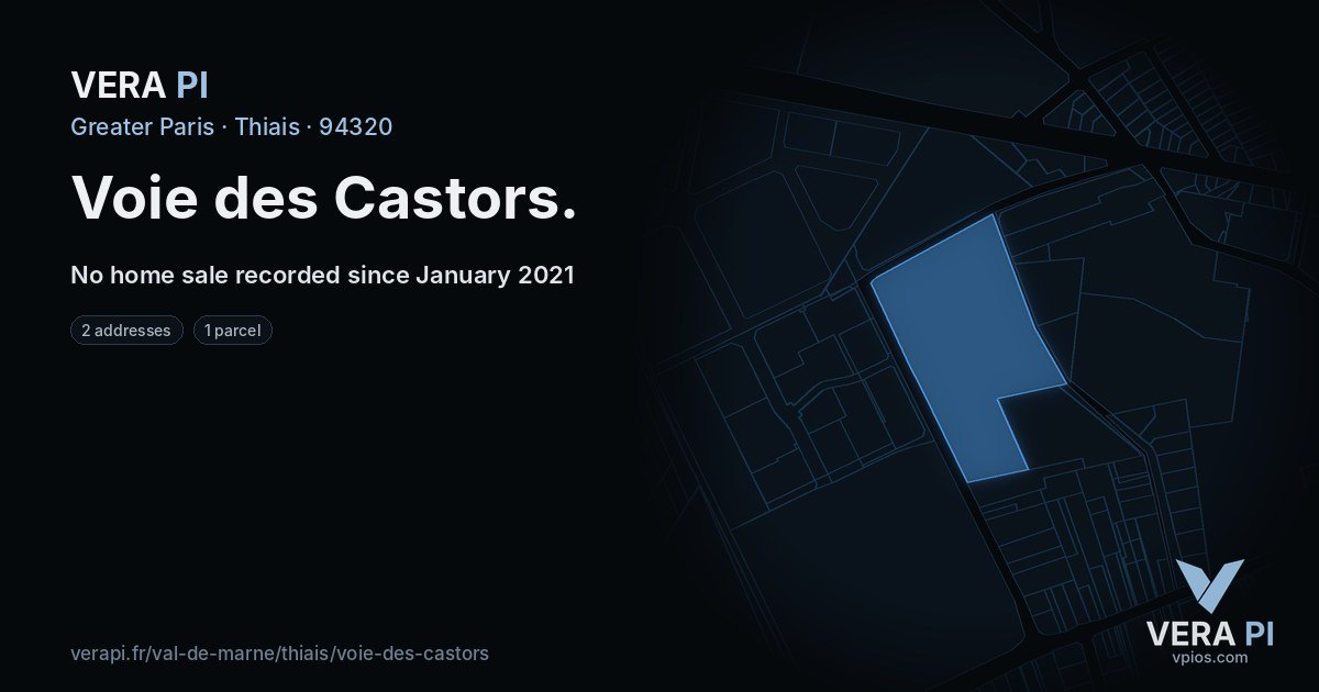 Voie des Castors, Thiais at night – every parcel coloured by the prices around it, the street's own parcels lit