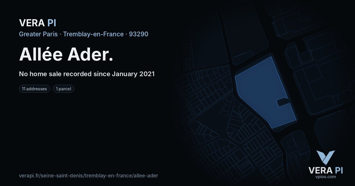Allée Ader, Tremblay-en-France at night – every parcel coloured by the prices around it, the street's own parcels lit