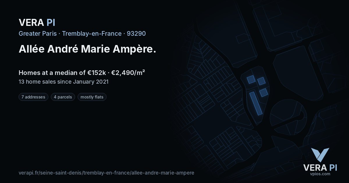 Allée André Marie Ampère, Tremblay-en-France at night – every parcel coloured by the prices around it, the street's own parcels lit