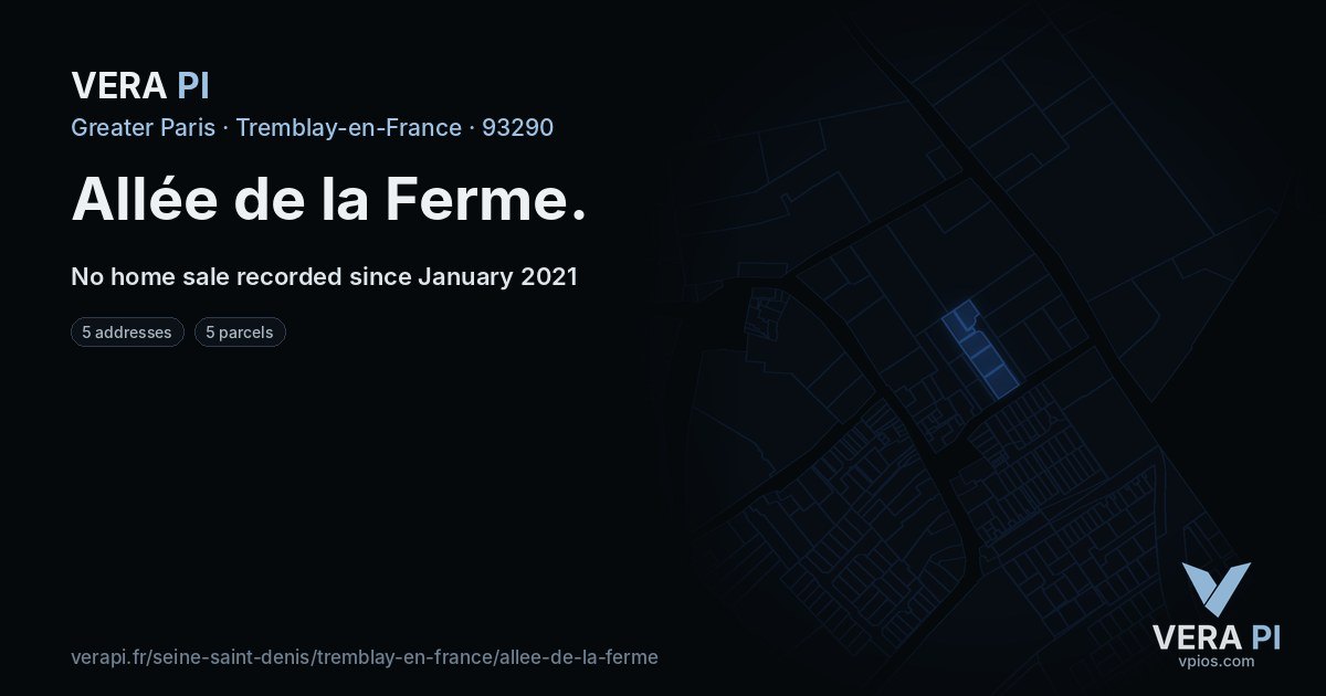 Allée de la Ferme, Tremblay-en-France at night – every parcel coloured by the prices around it, the street's own parcels lit
