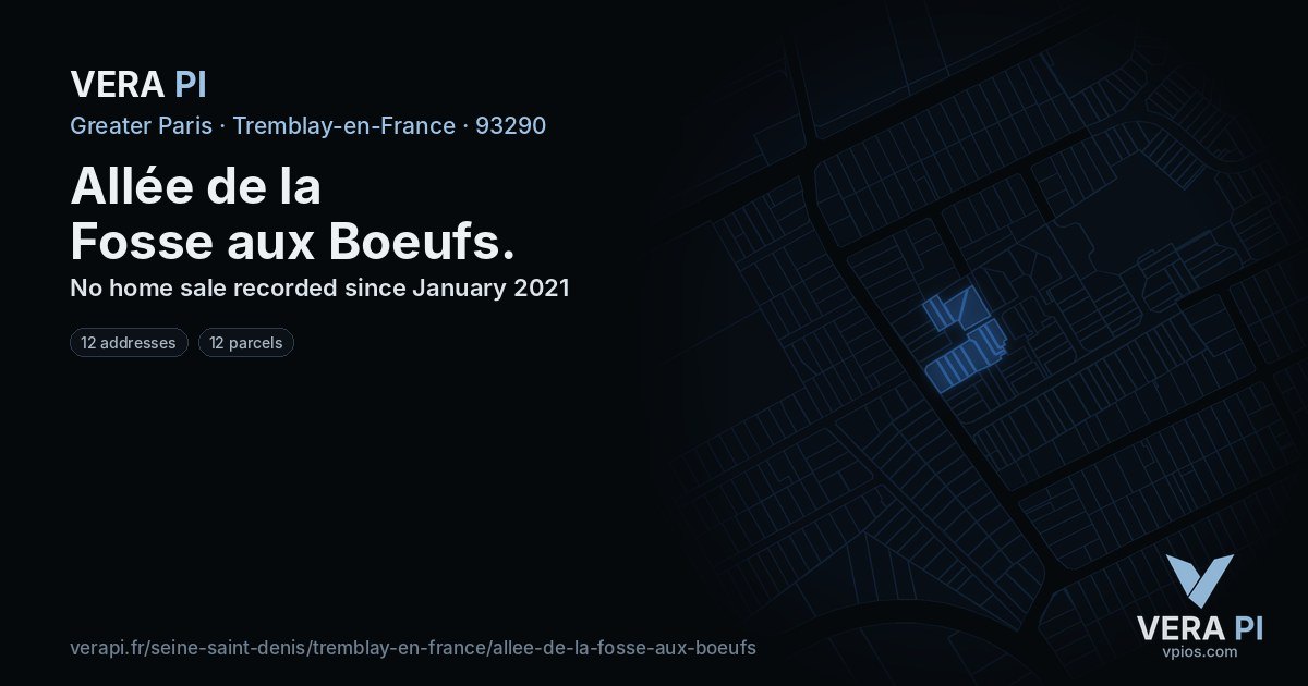 Allée de la Fosse aux Boeufs, Tremblay-en-France at night – every parcel coloured by the prices around it, the street's own parcels lit