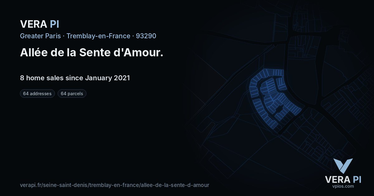 Allée de la Sente d'Amour, Tremblay-en-France at night – every parcel coloured by the prices around it, the street's own parcels lit