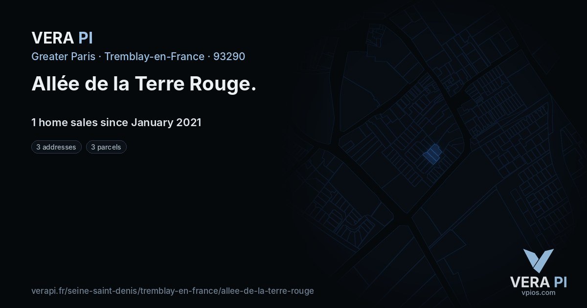 Allée de la Terre Rouge, Tremblay-en-France at night – every parcel coloured by the prices around it, the street's own parcels lit